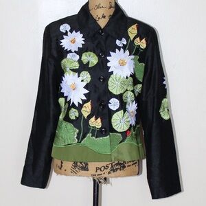Blutique Black Green Yellow White Embroidered Floral Silk Button Jacket Womens M